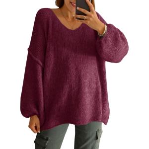 Saodimallsu Womens Oversized V Neck Sweaters Chunky Knit Lantern Long Sleeve Fall Winter Slouchy Tunic Sweater Tops(Burgundy)