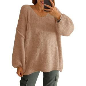 Saodimallsu Womens Oversized V Neck Sweaters Chunky Knit Lantern Long Sleeve Fall Winter Slouchy Tunic Sweater Tops(Camel)