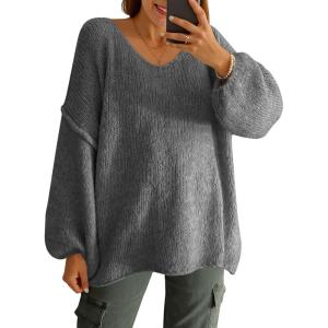 Saodimallsu Womens Oversized V Neck Sweaters Chunky Knit Lantern Long Sleeve Fall Winter Slouchy Tunic Sweater Tops(Dark Grey)