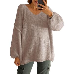Saodimallsu Womens Oversized V Neck Sweaters Chunky Knit Lantern Long Sleeve Fall Winter Slouchy Tunic Sweater Tops(Dark Khaki)