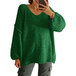 Saodimallsu Womens Oversized V Neck Sweaters Chunky Knit Lantern Long Sleeve Fall Winter Slouchy Tunic Sweater Tops(Deep Green)