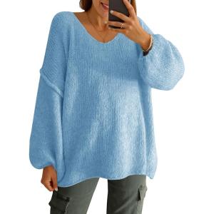 Saodimallsu Womens Oversized V Neck Sweaters Chunky Knit Lantern Long Sleeve Fall Winter Slouchy Tunic Sweater Tops(Light Blue)
