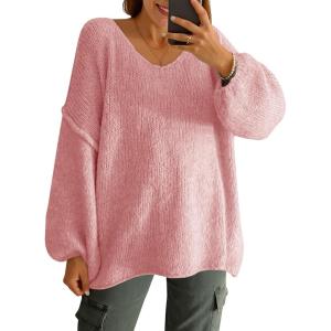 Saodimallsu Womens Oversized V Neck Sweaters Chunky Knit Lantern Long Sleeve Fall Winter Slouchy Tunic Sweater Tops(Pink)