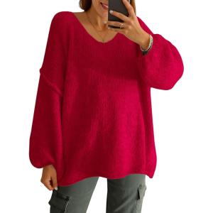Saodimallsu Womens Oversized V Neck Sweaters Chunky Knit Lantern Long Sleeve Fall Winter Slouchy Tunic Sweater Tops(Red)