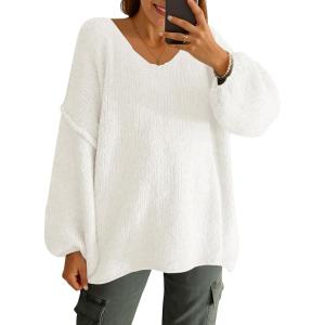 Saodimallsu Womens Oversized V Neck Sweaters Chunky Knit Lantern Long Sleeve Fall Winter Slouchy Tunic Sweater Tops(White)