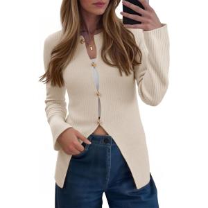 Saodimallsu Womens Ribbed Long Sleeve Sweater Tops Button Up Crewneck Slim Fitted Cardigans Sexy Going Out Knit Shirts(Apricot)