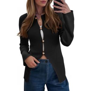 Saodimallsu Womens Ribbed Long Sleeve Sweater Tops Button Up Crewneck Slim Fitted Cardigans Sexy Going Out Knit Shirts(Black)