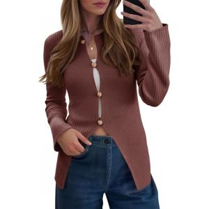 Saodimallsu Womens Ribbed Long Sleeve Sweater Tops Button Up Crewneck Slim Fitted Cardigans Sexy Going Out Knit Shirts(Brown)