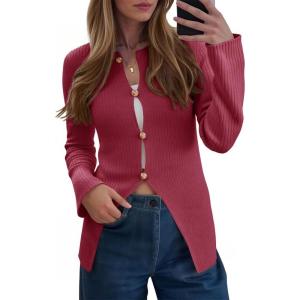 Saodimallsu Womens Ribbed Long Sleeve Sweater Tops Button Up Crewneck Slim Fitted Cardigans Sexy Going Out Knit Shirts(Red)