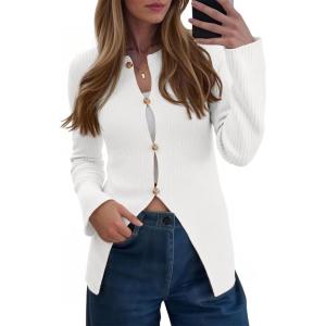 Saodimallsu Womens Ribbed Long Sleeve Sweater Tops Button Up Crewneck Slim Fitted Cardigans Sexy Going Out Knit Shirts(White)