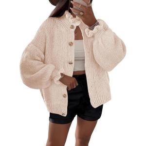 Saodimallsu Womens Ruffle Cardigan Oversized Button Up Fall Trendy Ribbed Knit Open Front Long Sleeve Loose Cute Sweater(Apricot)