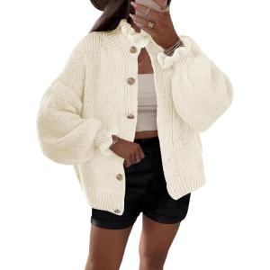Saodimallsu Womens Ruffle Cardigan Oversized Button Up Fall Trendy Ribbed Knit Open Front Long Sleeve Loose Cute Sweater(Beige)