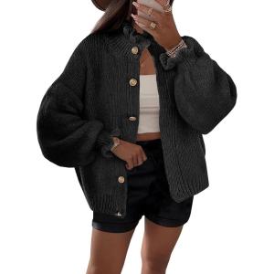 Saodimallsu Womens Ruffle Cardigan Oversized Button Up Fall Trendy Ribbed Knit Open Front Long Sleeve Loose Cute Sweater(Black)