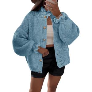 Saodimallsu Womens Ruffle Cardigan Oversized Button Up Fall Trendy Ribbed Knit Open Front Long Sleeve Loose Cute Sweater(Blue)