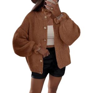 Saodimallsu Womens Ruffle Cardigan Oversized Button Up Fall Trendy Ribbed Knit Open Front Long Sleeve Loose Cute Sweater(Brown)