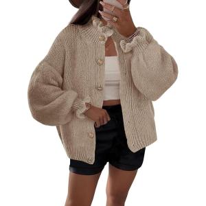 Saodimallsu Womens Ruffle Cardigan Oversized Button Up Fall Trendy Ribbed Knit Open Front Long Sleeve Loose Cute Sweater(Camel)