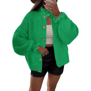 Saodimallsu Womens Ruffle Cardigan Oversized Button Up Fall Trendy Ribbed Knit Open Front Long Sleeve Loose Cute Sweater(Green)