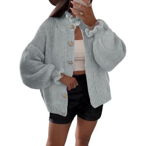 Saodimallsu Womens Ruffle Cardigan Oversized Button Up Fall Trendy Ribbed Knit Open Front Long Sleeve Loose Cute Sweater(Grey)