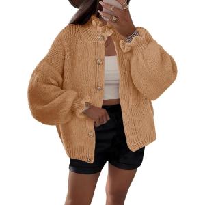 Saodimallsu Womens Ruffle Cardigan Oversized Button Up Fall Trendy Ribbed Knit Open Front Long Sleeve Loose Cute Sweater(Khaki)