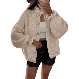 Saodimallsu Womens Ruffle Cardigan Oversized Button Up Fall Trendy Ribbed Knit Open Front Long Sleeve Loose Cute Sweater(Light Khaki)