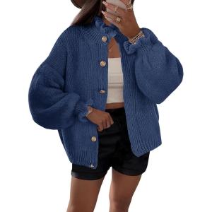 Saodimallsu Womens Ruffle Cardigan Oversized Button Up Fall Trendy Ribbed Knit Open Front Long Sleeve Loose Cute Sweater(Navy)