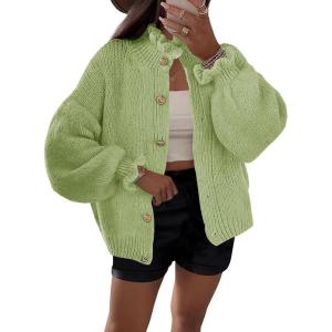 Saodimallsu Womens Ruffle Cardigan Oversized Button Up Fall Trendy Ribbed Knit Open Front Long Sleeve Loose Cute Sweater(Olive Green)