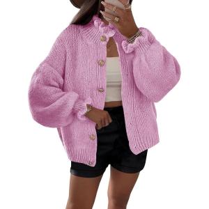 Saodimallsu Womens Ruffle Cardigan Oversized Button Up Fall Trendy Ribbed Knit Open Front Long Sleeve Loose Cute Sweater(Pink)