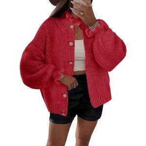 Saodimallsu Womens Ruffle Cardigan Oversized Button Up Fall Trendy Ribbed Knit Open Front Long Sleeve Loose Cute Sweater(Red)