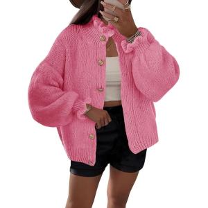 Saodimallsu Womens Ruffle Cardigan Oversized Button Up Fall Trendy Ribbed Knit Open Front Long Sleeve Loose Cute Sweater(Rose Red)