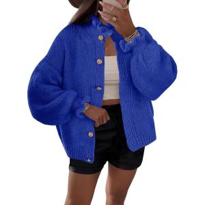 Saodimallsu Womens Ruffle Cardigan Oversized Button Up Fall Trendy Ribbed Knit Open Front Long Sleeve Loose Cute Sweater(Royal Blue)