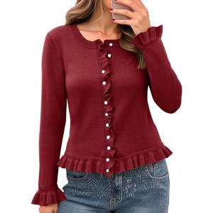 Saodimallsu Womens Ruffle Cardigan Sweaters Button Up Crew Neck Long Sleeve Cropped Sweater Cute Soft Knit Tops(Burgundy)