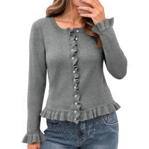 Saodimallsu Womens Ruffle Cardigan Sweaters Button Up Crew Neck Long Sleeve Cropped Sweater Cute Soft Knit Tops(Grey)