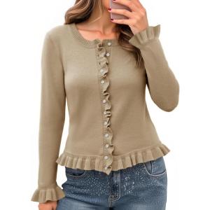 Saodimallsu Womens Ruffle Cardigan Sweaters Button Up Crew Neck Long Sleeve Cropped Sweater Cute Soft Knit Tops(Khaki)