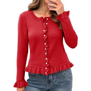 Saodimallsu Womens Ruffle Cardigan Sweaters Button Up Crew Neck Long Sleeve Cropped Sweater Cute Soft Knit Tops(Red)