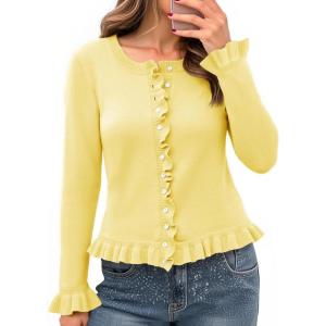Saodimallsu Womens Ruffle Cardigan Sweaters Button Up Crew Neck Long Sleeve Cropped Sweater Cute Soft Knit Tops(Yellow)