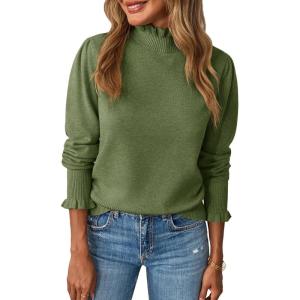 Saodimallsu Womens Ruffle Mock Neck Sweater Puff Long Sleeve Fall Soft Knit Casual Pullover Sweaters Top(Army Green)