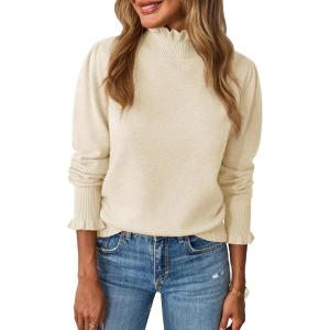Saodimallsu Womens Ruffle Mock Neck Sweater Puff Long Sleeve Fall Soft Knit Casual Pullover Sweaters Top(Beige)
