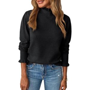 Saodimallsu Womens Ruffle Mock Neck Sweater Puff Long Sleeve Fall Soft Knit Casual Pullover Sweaters Top(Black)