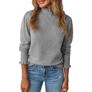 Saodimallsu Womens Ruffle Mock Neck Sweater Puff Long Sleeve Fall Soft Knit Casual Pullover Sweaters Top(Grey)