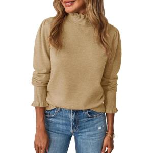 Saodimallsu Womens Ruffle Mock Neck Sweater Puff Long Sleeve Fall Soft Knit Casual Pullover Sweaters Top(Khaki)