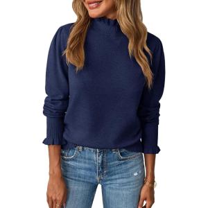 Saodimallsu Womens Ruffle Mock Neck Sweater Puff Long Sleeve Fall Soft Knit Casual Pullover Sweaters Top(Navy)