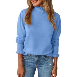 Saodimallsu Womens Ruffle Mock Neck Sweater Puff Long Sleeve Fall Soft Knit Casual Pullover Sweaters Top(Sky Blue)