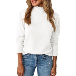 Saodimallsu Womens Ruffle Mock Neck Sweater Puff Long Sleeve Fall Soft Knit Casual Pullover Sweaters Top(White)