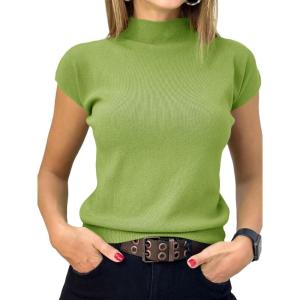Saodimallsu Womens Short Sleeve Sweater Mock Neck Summer Casual Basic Knit Slim Fitted Pullover Tops Shirt(Green)