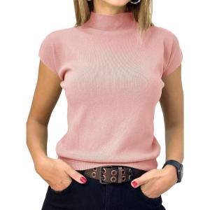 Saodimallsu Womens Short Sleeve Sweater Mock Neck Summer Casual Basic Knit Slim Fitted Pullover Tops Shirt(Pink)