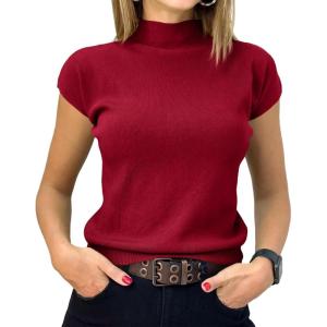 Saodimallsu Womens Short Sleeve Sweater Mock Neck Summer Casual Basic Knit Slim Fitted Pullover Tops Shirt(Red)