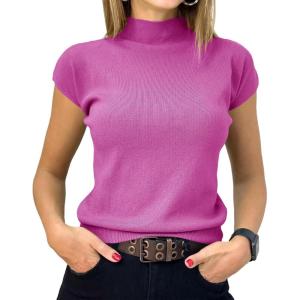 Saodimallsu Womens Short Sleeve Sweater Mock Neck Summer Casual Basic Knit Slim Fitted Pullover Tops Shirt(Rose Red)