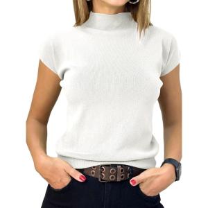 Saodimallsu Womens Short Sleeve Sweater Mock Neck Summer Casual Basic Knit Slim Fitted Pullover Tops Shirt(White)