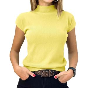 Saodimallsu Womens Short Sleeve Sweater Mock Neck Summer Casual Basic Knit Slim Fitted Pullover Tops Shirt(Yellow)