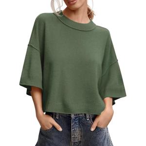 Saodimallsu Womens Short Sleeve Sweater Summer Oversized Cropped Sweaters Casual Crewneck Lightweight Knit Tops(Army Green)